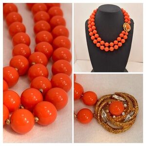 Vintage Two-Strand Coral Beaded
Necklace with Gold-Tone & Rhinestone Clasp